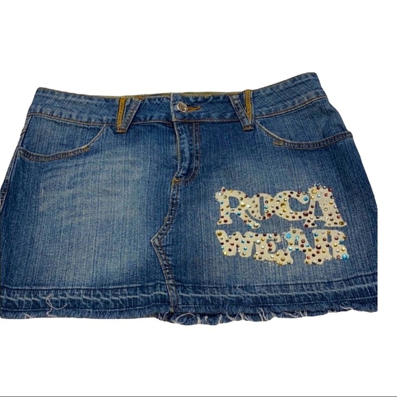 Vintage Y2K Rocawear Denim Logo Streetwear Grunge frayed Skirt SZ 9 - Picture 1 of 5
